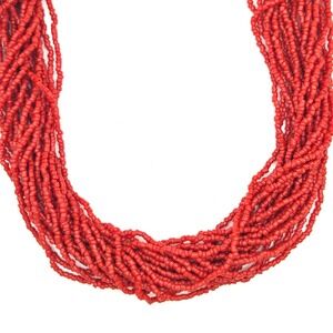 Vintage Multi Strand Necklace Red Faux Coral Glass Seed Bead Silver Tone 21 Inch